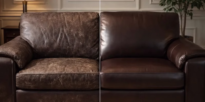 Worn leather sofa before and after restoration