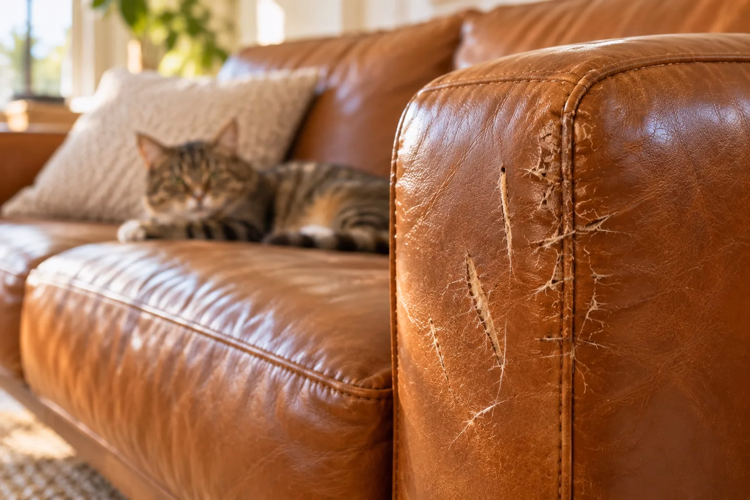 Cat claw scratches on a brown leather sofa