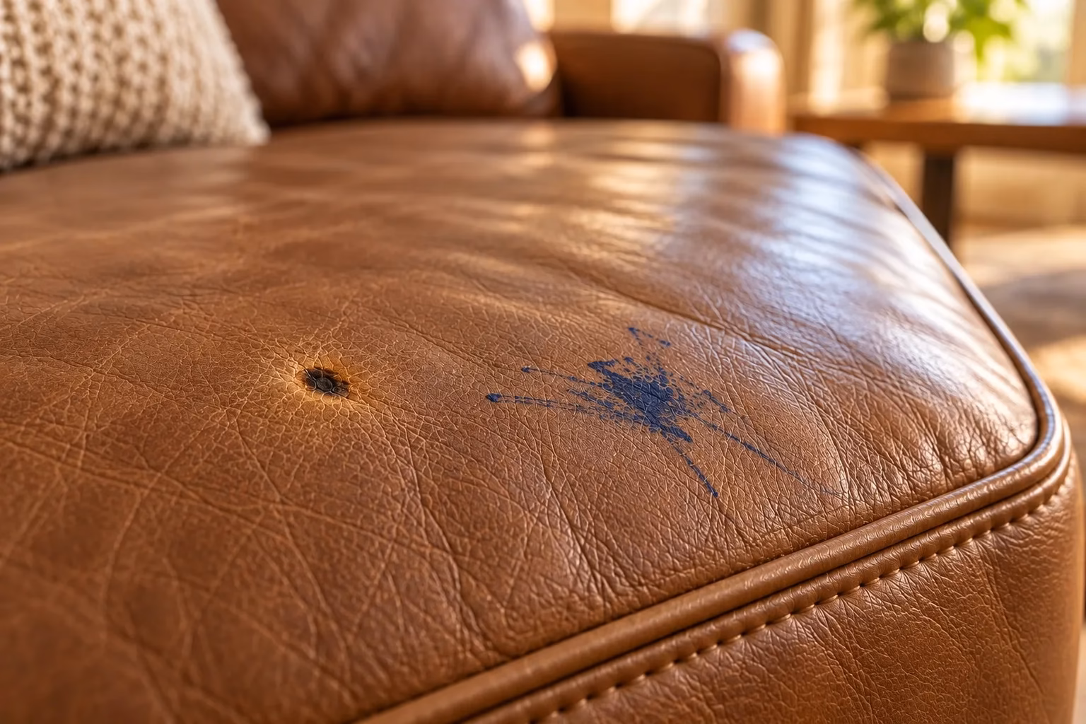 Burn mark and ink stain on brown leather