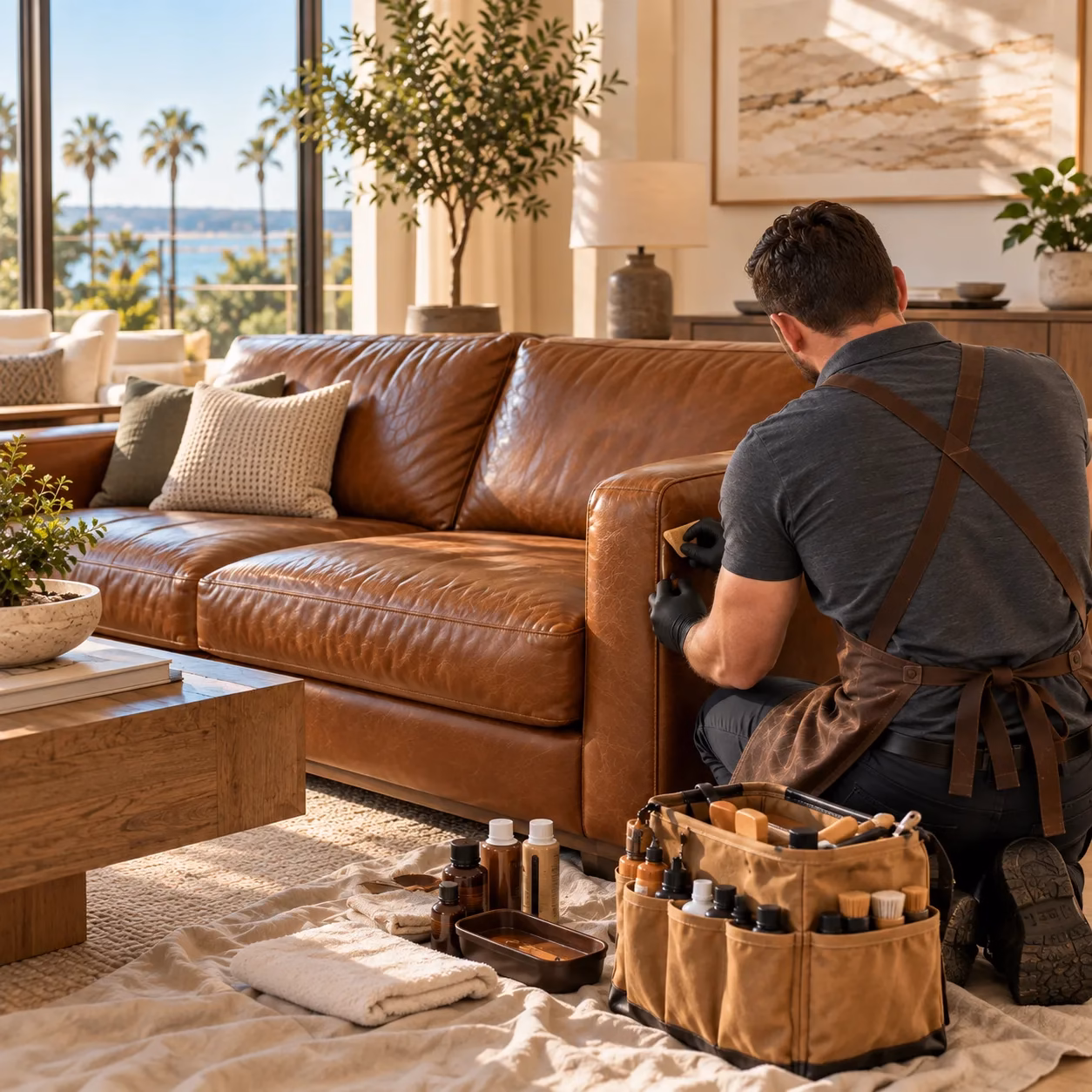 Mobile leather repair technician working on a sofa at a client's home