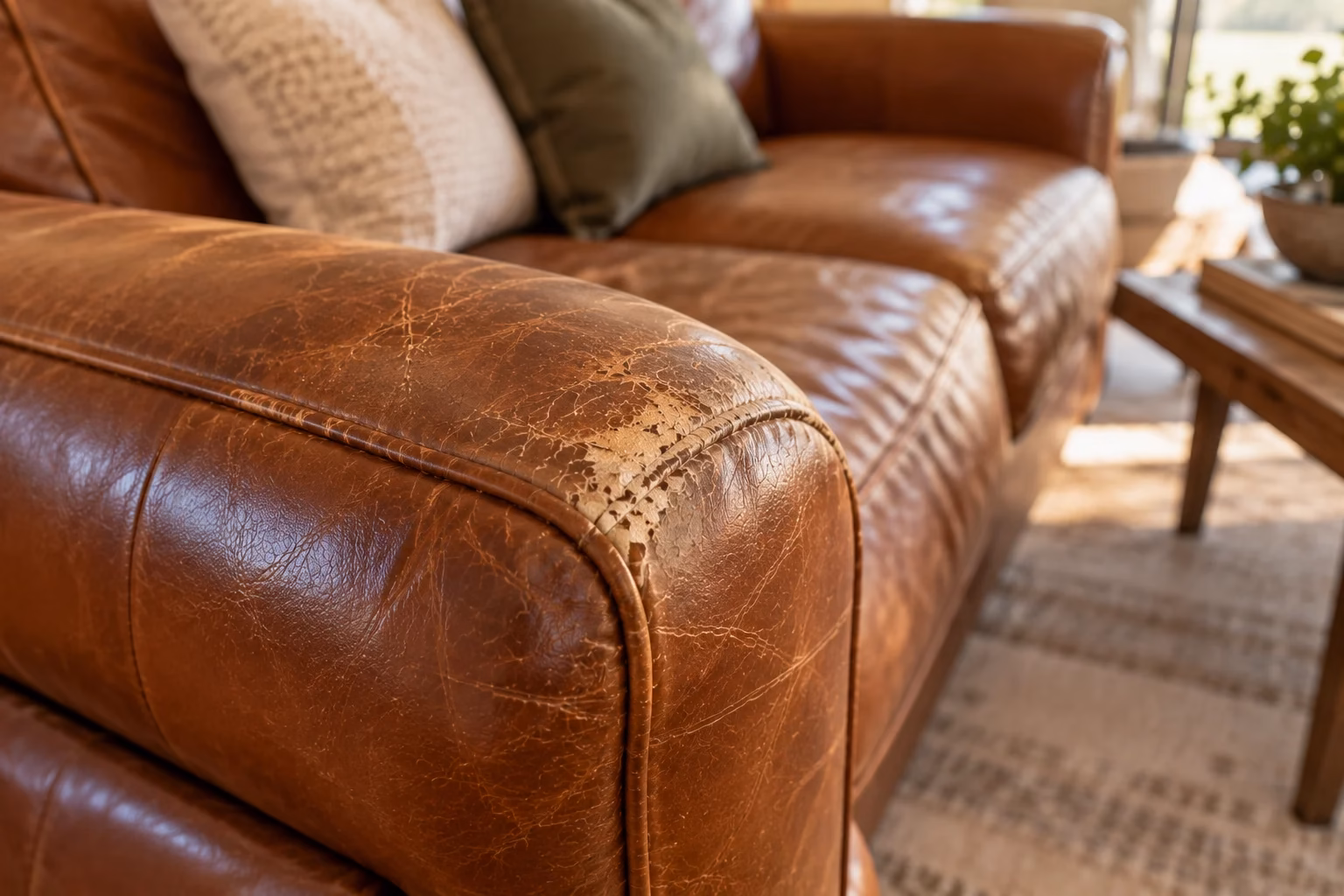Worn leather sofa armrest