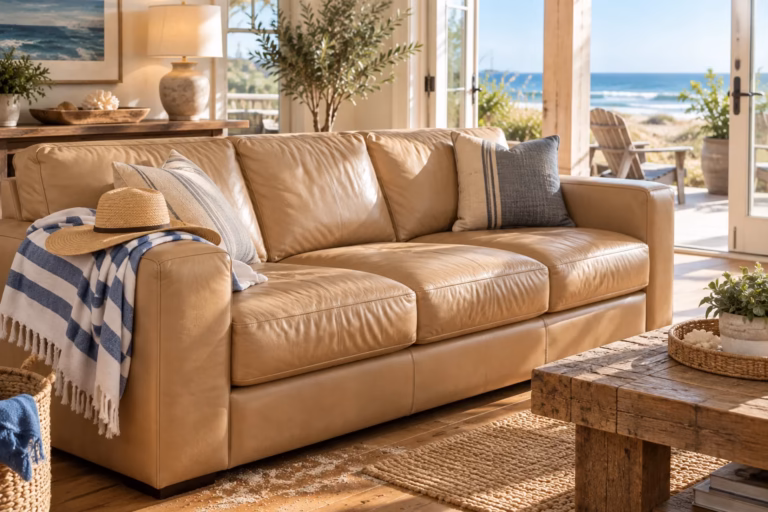 Light tan leather sofa with a beach towel and straw hat in a coastal living room