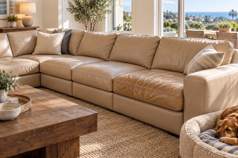 Sand-colored leather sectional with one worn seat cushion in a bright family room