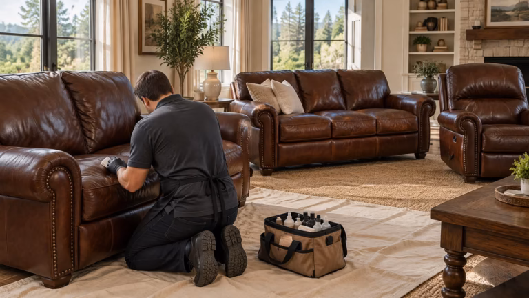 Technician repairing a brown leather sofa in a living room with a matching loveseat and recliner