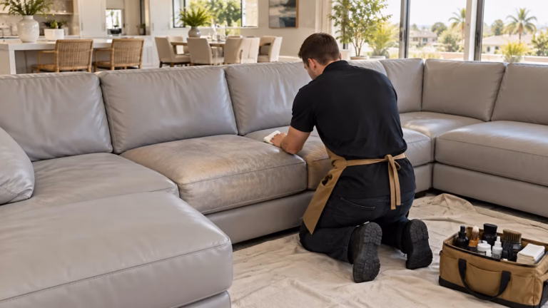 Leather repair technician working on a faded section of a grey modular leather sectional in a family room