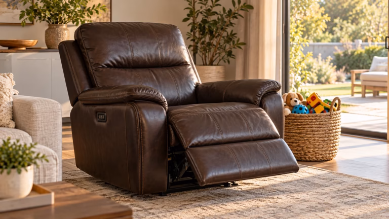 Brown leather power recliner with the footrest extended in a family room