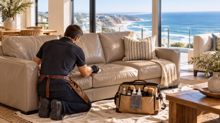 Technician repairing a taupe leather sofa in an ocean-view condo