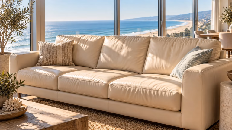 Cream leather sofa in a bright condo living room with an ocean view