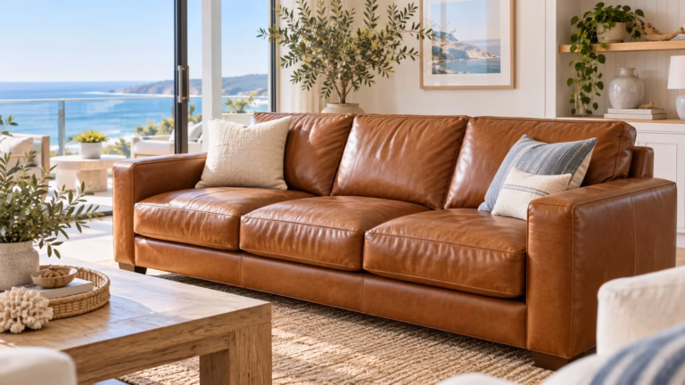 Restored cognac leather sofa in a bright coastal living room