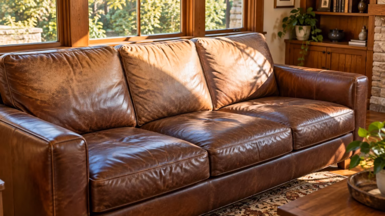 Brown leather sofa with sun-faded cushions under a living room window