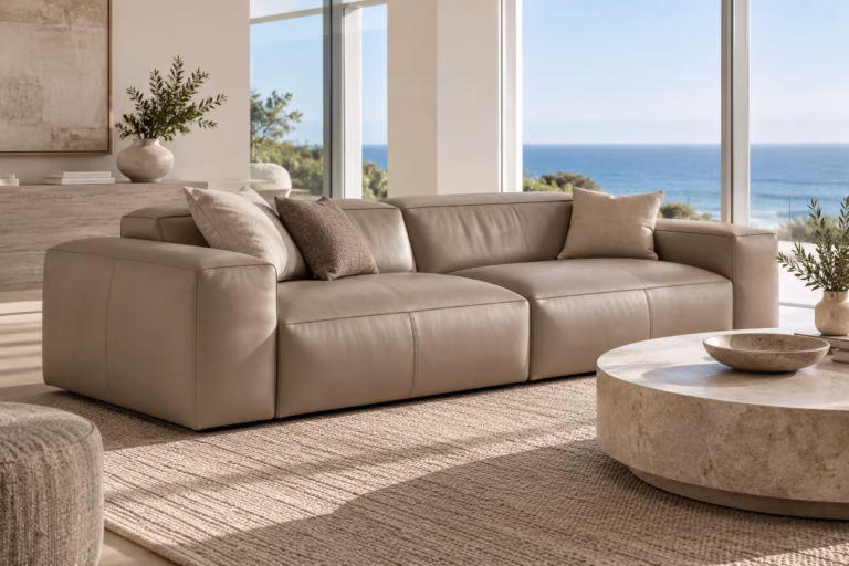 Taupe Italian-style leather sofa in a bright living room with an ocean view