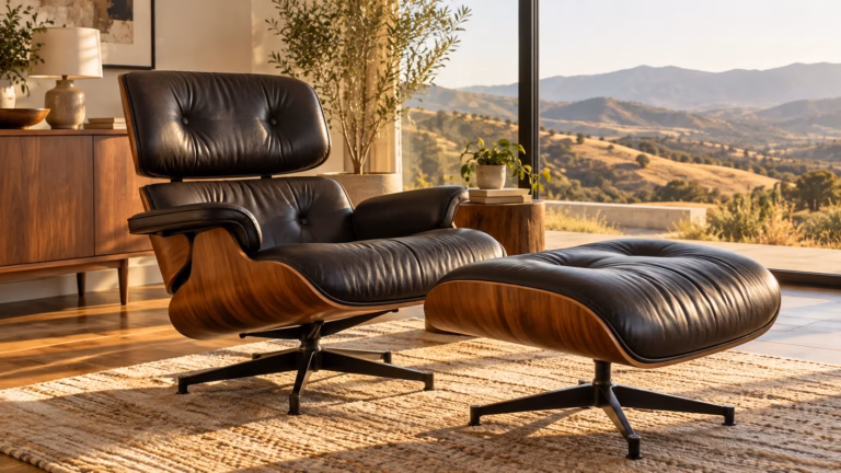 Mid-century lounge chair and ottoman in black leather by a window with a view of dry hills