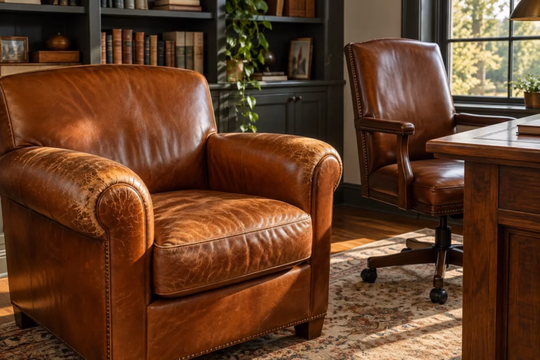 Cognac leather club chair with worn arms and a leather desk chair in a home office