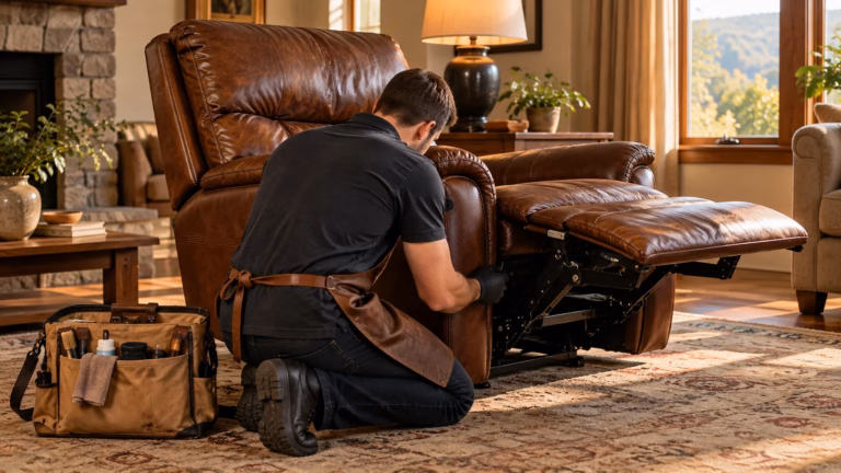 Technician checking the footrest mechanism of a brown leather recliner