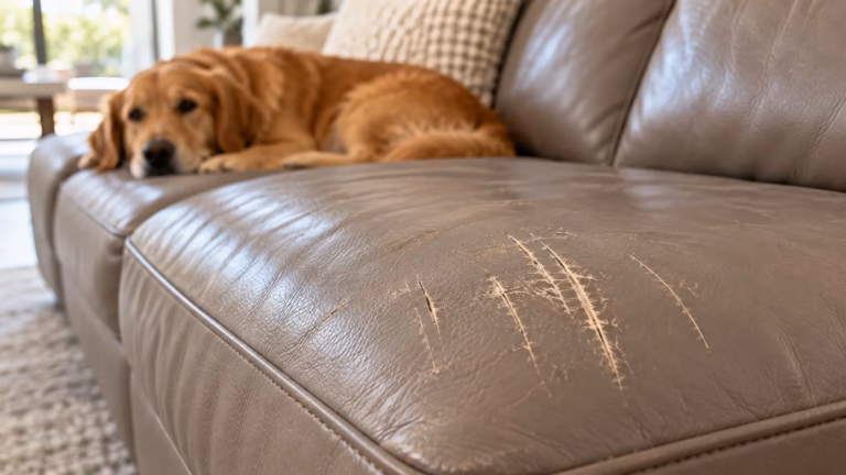 Claw scratches on a grey leather sofa cushion, with a golden retriever resting on the sofa