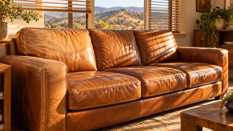 Cognac leather sofa in a sunny living room with a view of inland hills