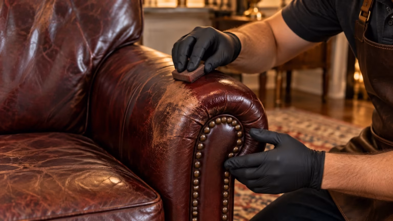 Technician in black gloves recoloring the worn arm of an oxblood leather club chair